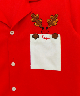 Personalised Red Nightsuit With Hand Embroidered Reindeer Motif
