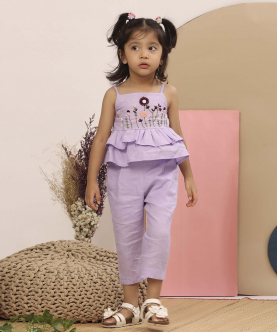 Purple Linen Embroided Top And Pants