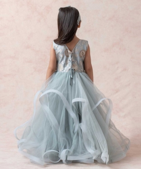 Mist Greyish Blue Brocade Silk Ruffled Net Gown