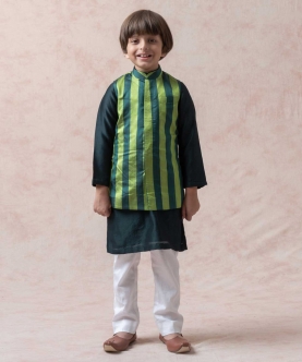 Green Tanchoi Silk Nehru Jacket With Chanderi Kurta Set