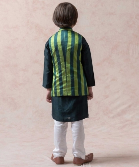 Green Tanchoi Silk Nehru Jacket With Chanderi Kurta Set