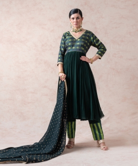 Bottle Green Tanchoi Silk Anarkali With Palazzo