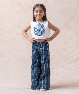 Shades Of Blue Linen Crop Top With Pleated Palazzo 