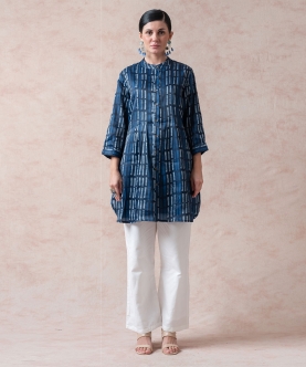 Shades Of Blue Stripes Print Pleated Kurti With Palazzo
