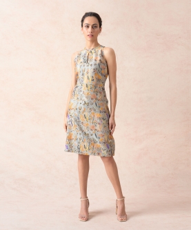 Hand Embroidered Cloud Grey Floral Print Dress