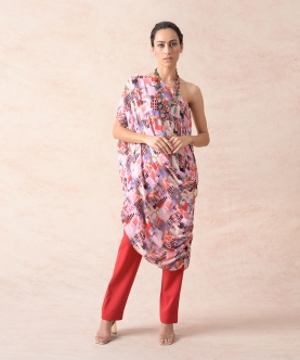 Abstract Print One Shoulder Cowl Tunic With Pants