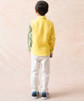 Canary Yellow Linen Shirt With Tones Of Green Panels