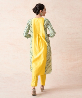 Canary With Mitering Stripes Chanderi Kurta With Pants