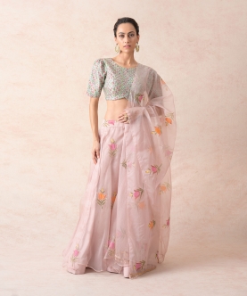 Hand Embroidered Blouse With Organza Lehenga Set