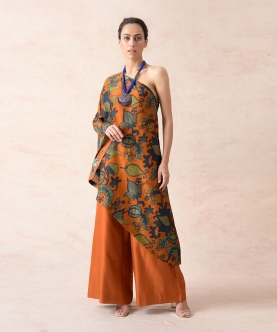 Squash Color Floral Print Tunic With Palazzo Pants
