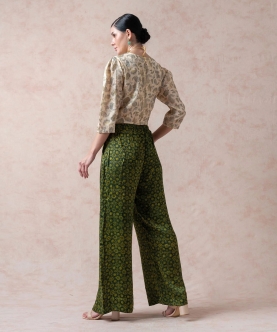 Crop Top With Forest And Mustard Ajrak Print Pleated Pants