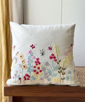 Sweet Meadows Embroidered Cushion| Set of 1|Natural