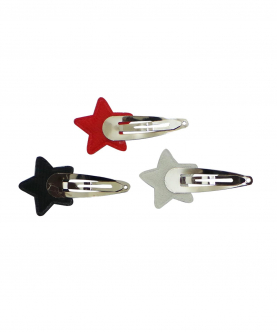 Gift Box With Three Snap Clips With Glitter Stars In Black, Silver And Red