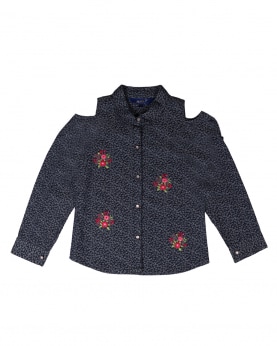 Denim Jacquard Shirt With Multicolor Floral Embroidery  With Cold Shoulder