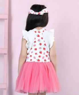 Strawberry Pinafore Co-Ord Net Dress With T Shirt & Cap