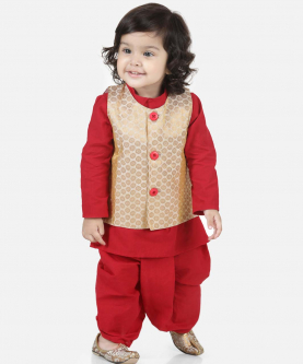 Cotton Dhoti Kurta with Jacket-Red