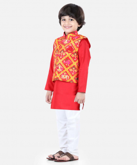 Patan Patola Jacket Kurta Pajama 3 piece set-Red