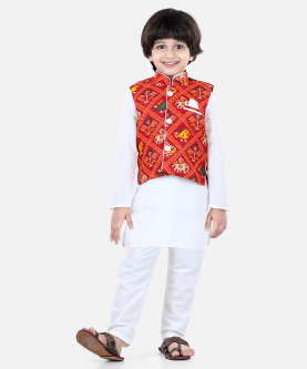 Patan Patola Jacket Kurta Pajama 3 piece set-White