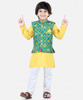 Patan Patola Jacket Kurta Pajama 3 piece set-Yellow