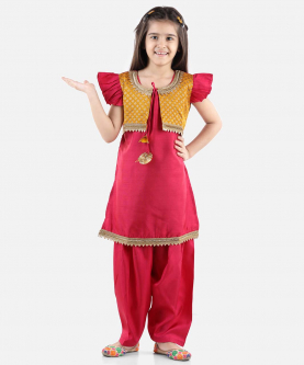 BownBee Silk Booti Jacket Silk Kurti Salwar Suit for Girls-Pink