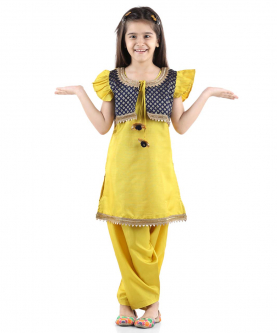BownBee Silk Booti Jacket Silk Kurti Salwar Suit for Girls-Yellow