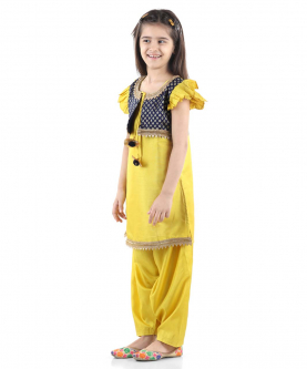 BownBee Silk Booti Jacket Silk Kurti Salwar Suit for Girls-Yellow