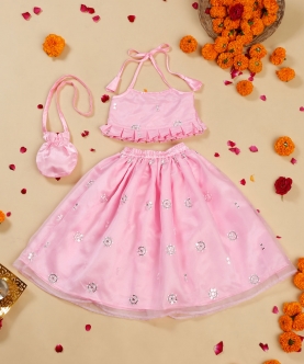 Emberoidered Lehenga Choli With Potli Bag For Girls - Pink