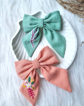 Linen Embroidered Pigtail Hairbow-Dreamy World ( Set Of 2)