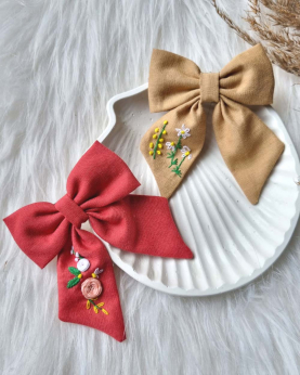 Linen Embroidered Pigtail Hairbow-Love Is In The Air ( Set Of 2)