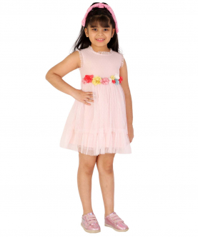 Tulle Dotted Dress With Laser Cut Multicolored Flower Applique At Waist