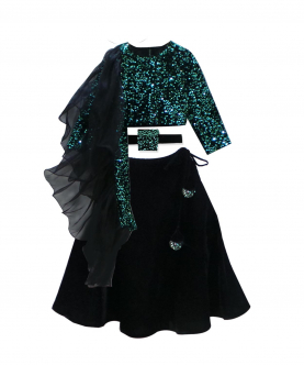 Green Sequin With Black Velvet Lehnga Set Paired With Pouch Belt
