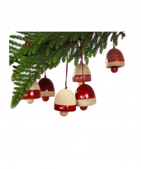 Handcrafted Wooden Christmas Decor -Bells Set Of 6 - Red