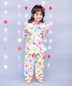 Unisex White Printed Night Suit With Pink Piping
