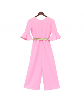 Pink Georgette Jumpsuit With Gold Sequence Belt