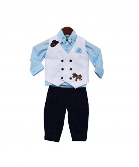 Powder Blue Shirt With Black Check Pant & White Horse Print Waist Coat