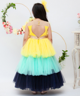 Yellow Aqua And Blue Frill Gown