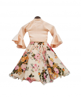 Peach Tie Knot Top With Floral Print Lehenga