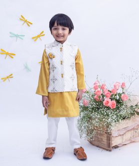 Off White Embroidery Nehru Jacket With Mustard Yellow Kurta And Chudidar