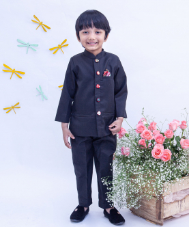Black Bandgala With Mirror Embroidery Buttons
