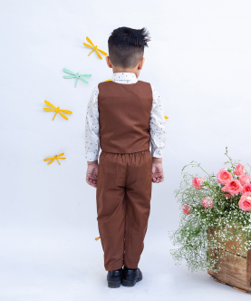 White Shirt With Brown Waist Coat And Pant With Animals Motifs