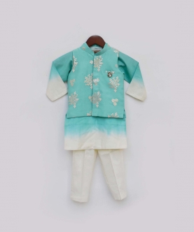 Aqua Embroidery Jacket With Shaded Kurta And Pant Set