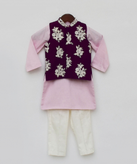 Purple Embroidery Nehru Jacket Set