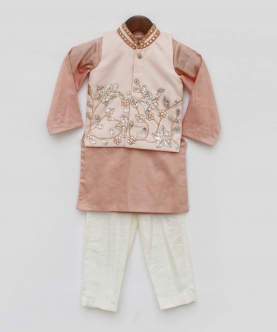 Peach Gotta Embroidery Nehru Jacket Set