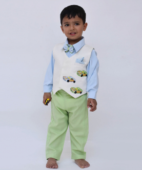 Off White Waist Coat And Blue Shirt Green Pant