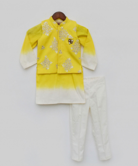 Yellow Embroidery Jacket And Shaded Kurta And Pant