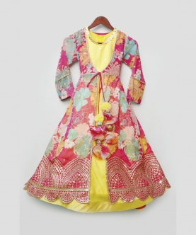 Yellow Anarkali With Printed Georgette Jacket
