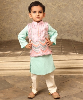 Kurta with Pink Embroidery Nehru Jacket Set