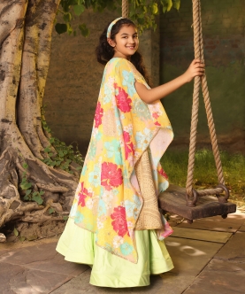 Green Anarkali Pant with Printed Cape