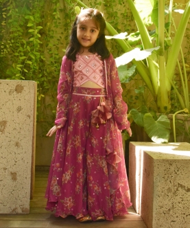Pink Top With Printed Sharara And Cape