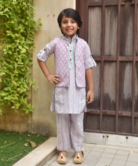Lilac Printed Nehru Jacket With Kurta And Pant